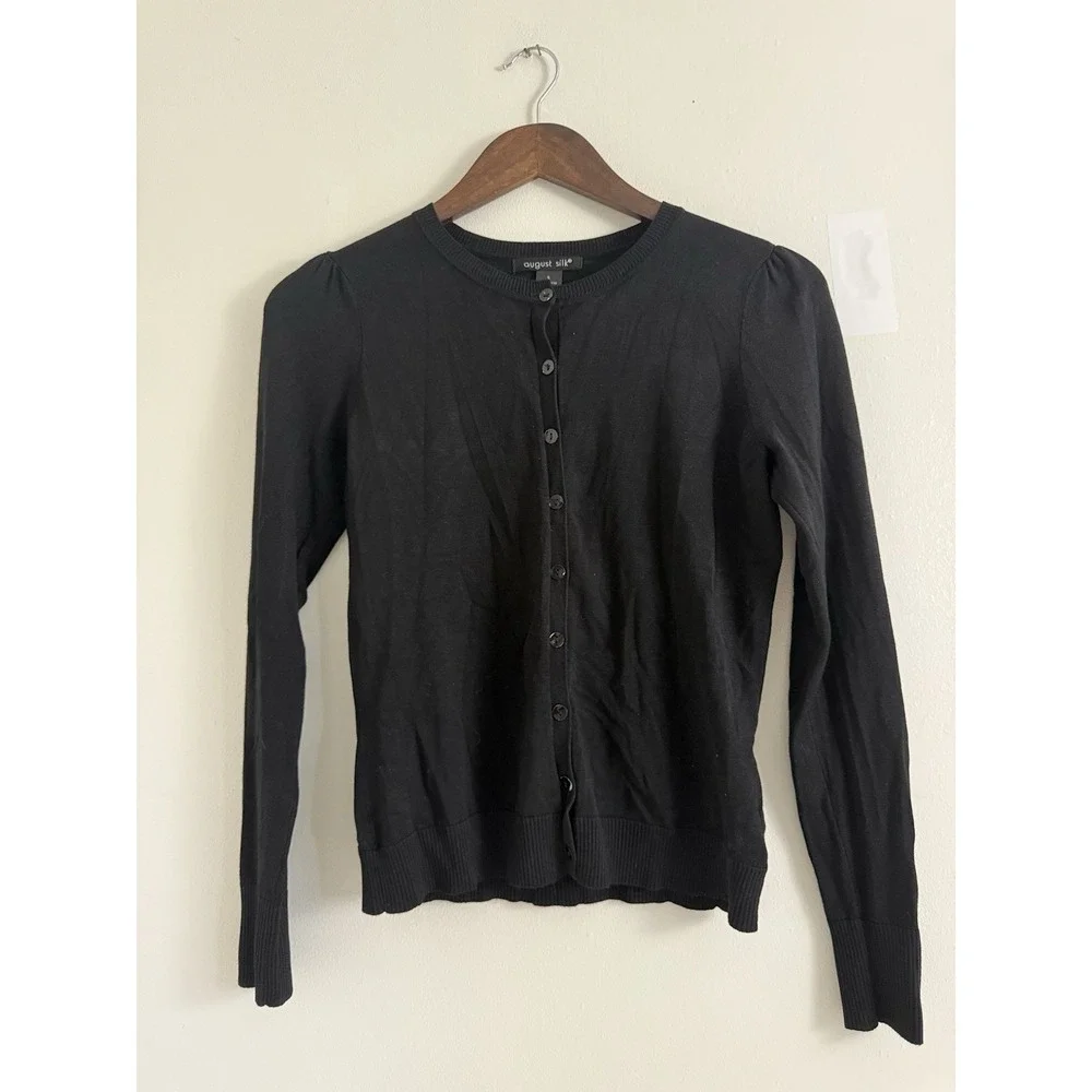 August Silk Womens S Black Cardigan Sweater Puff Sleeve Button Front Classic